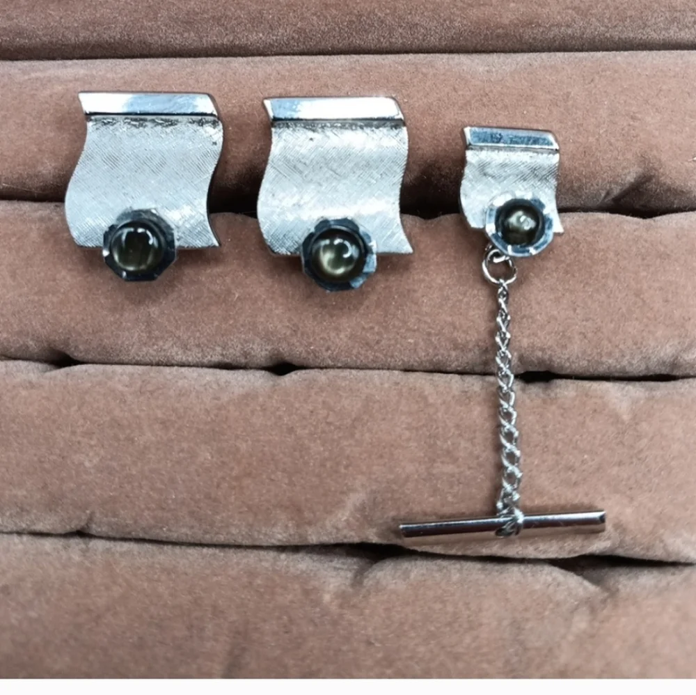 EUC Antique 1920s Hickok 3 Piece Silver Black Onyx Cufflinks & Lapel Pin!